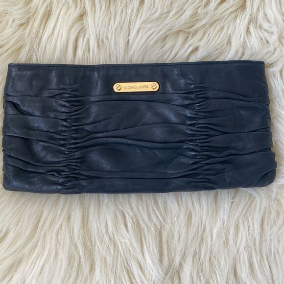 Michael Kors black leather scrunched design clutch with gold accents New… - Picture 1 of 10